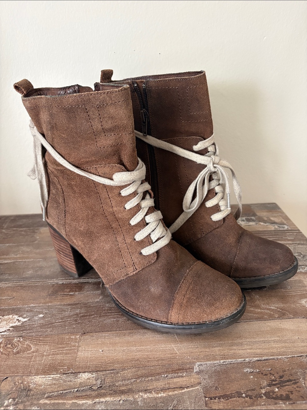 Women's Brown Suede Lace-Up Ankle Booties with Side Zip